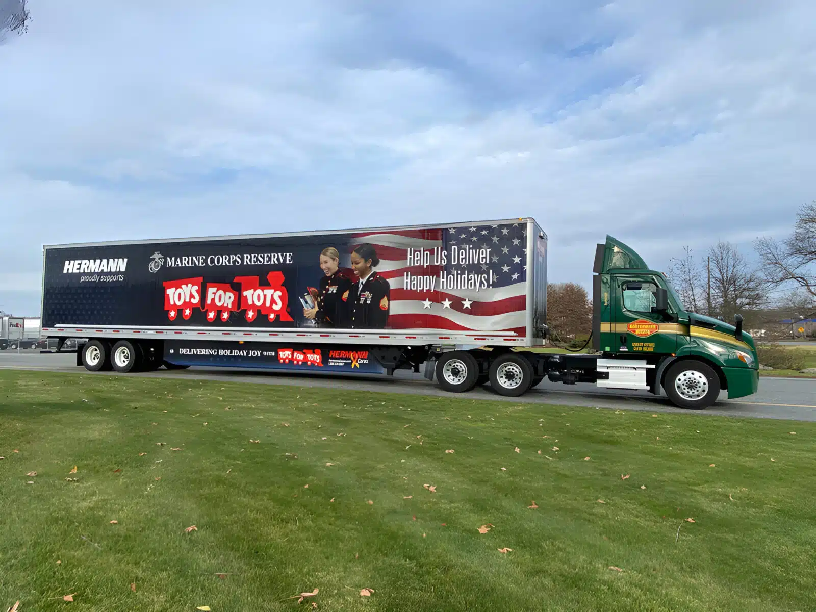 a truck is parked in the grass