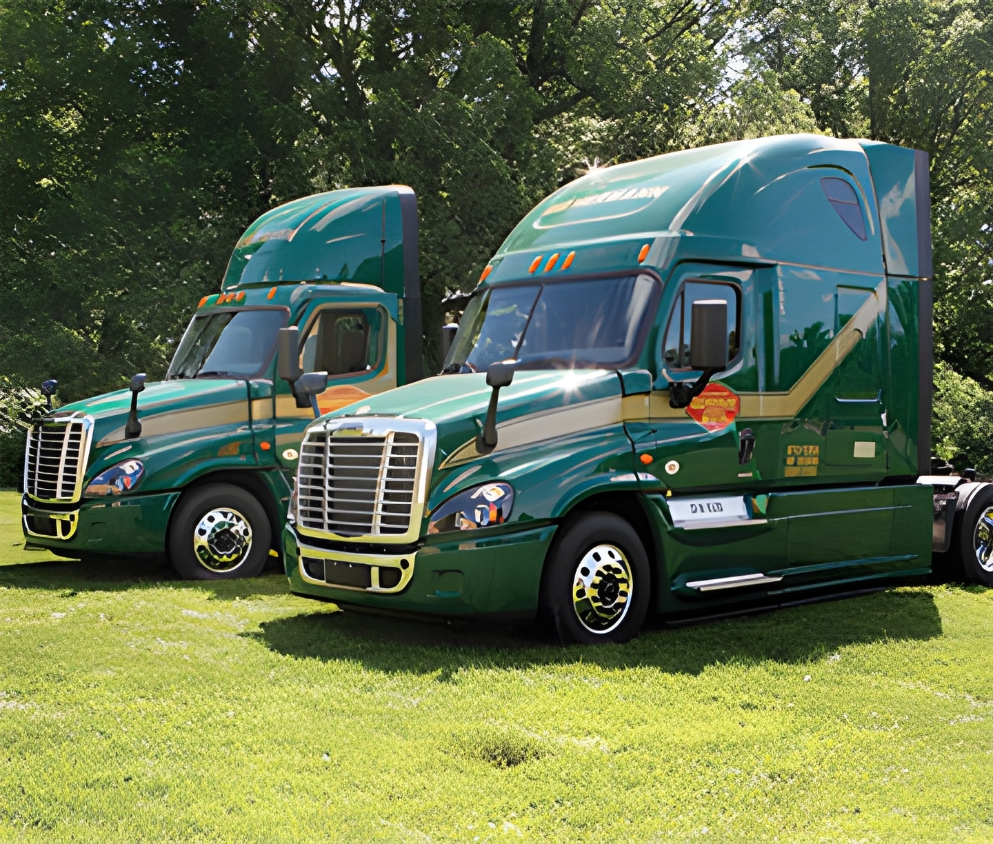 a green truck parked in front of a blue car