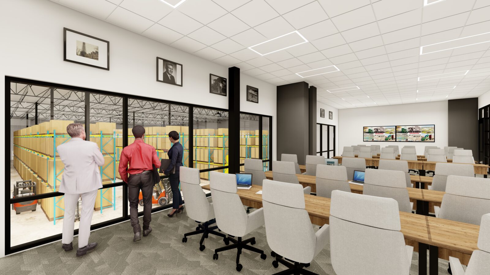 A rendering of our second-floor training room overlooking the warehouse